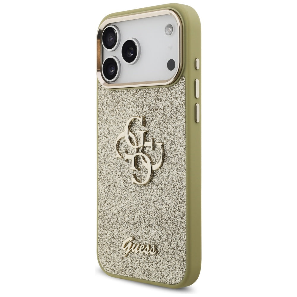 Ovitek za Apple iPhone 17 Pro Max, Guess, Fixed Glitter Big 4G Metal Frame, Zlat.