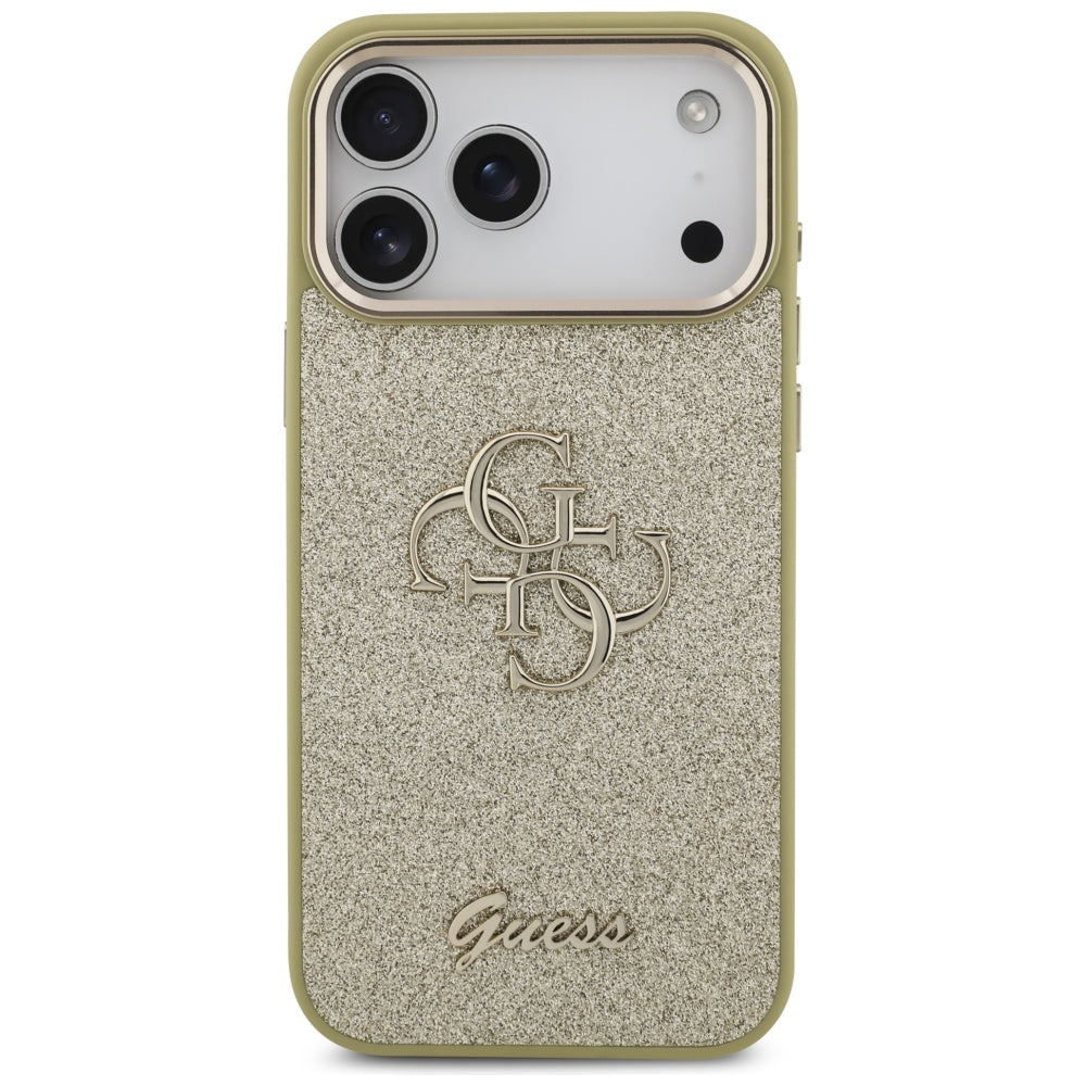 Ovitek za Apple iPhone 17 Pro Max, Guess, Fixed Glitter Big 4G Metal Frame, Zlat.