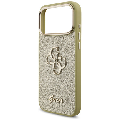 Ovitek za Apple iPhone 17 Pro Max, Guess, Fixed Glitter Big 4G Metal Frame, Zlat.