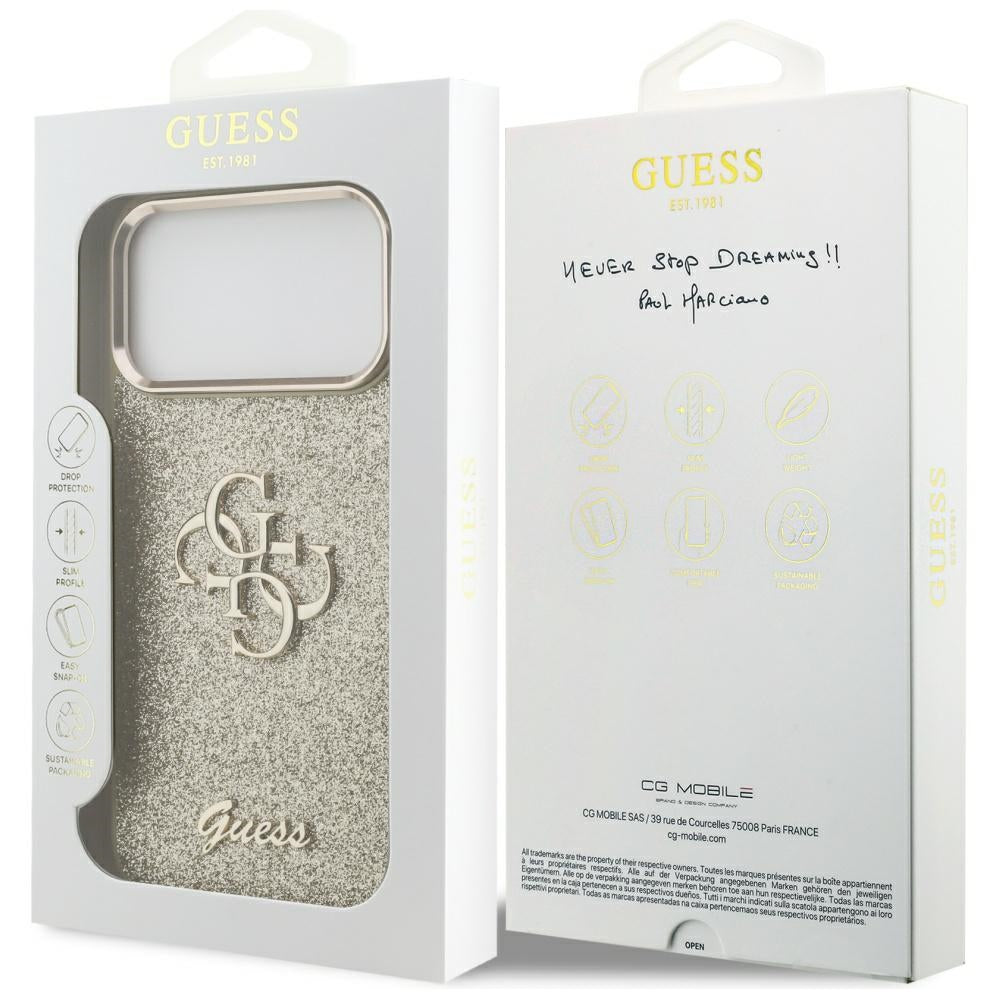 Ovitek za Apple iPhone 17 Pro Max, Guess, Fixed Glitter Big 4G Metal Frame, Zlat.
