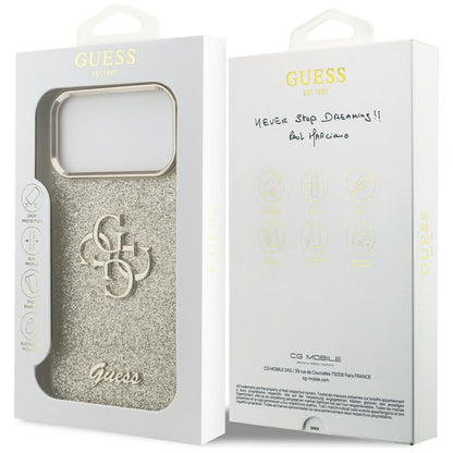 Ovitek za Apple iPhone 17 Pro Max, Guess, Fixed Glitter Big 4G Metal Frame, Zlat.