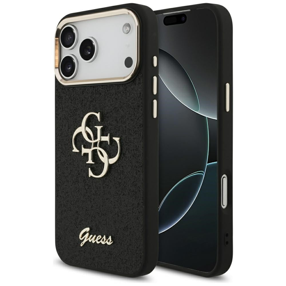 Ovitek za Apple iPhone 17 Pro Max, Guess, Fixed Glitter Big 4G Metal Frame, črn