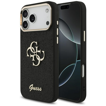 Ovitek za Apple iPhone 17 Pro Max, Guess, Fixed Glitter Big 4G Metal Frame, črn