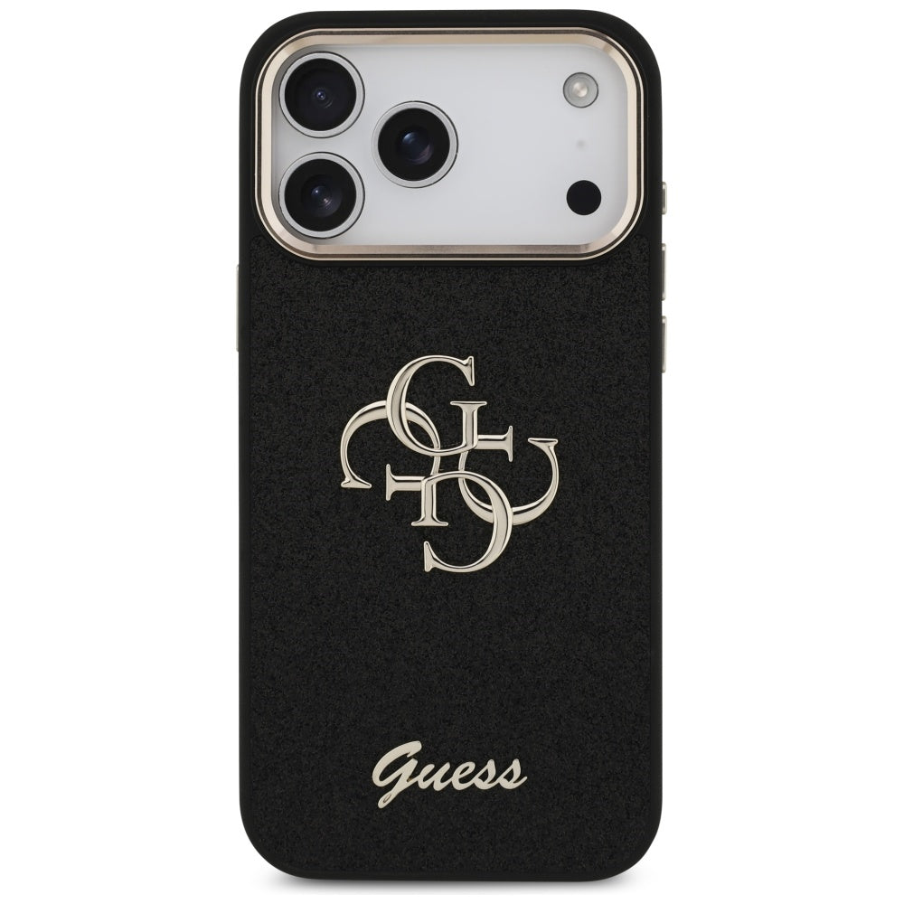 Ovitek za Apple iPhone 17 Pro Max, Guess, Fixed Glitter Big 4G Metal Frame, črn