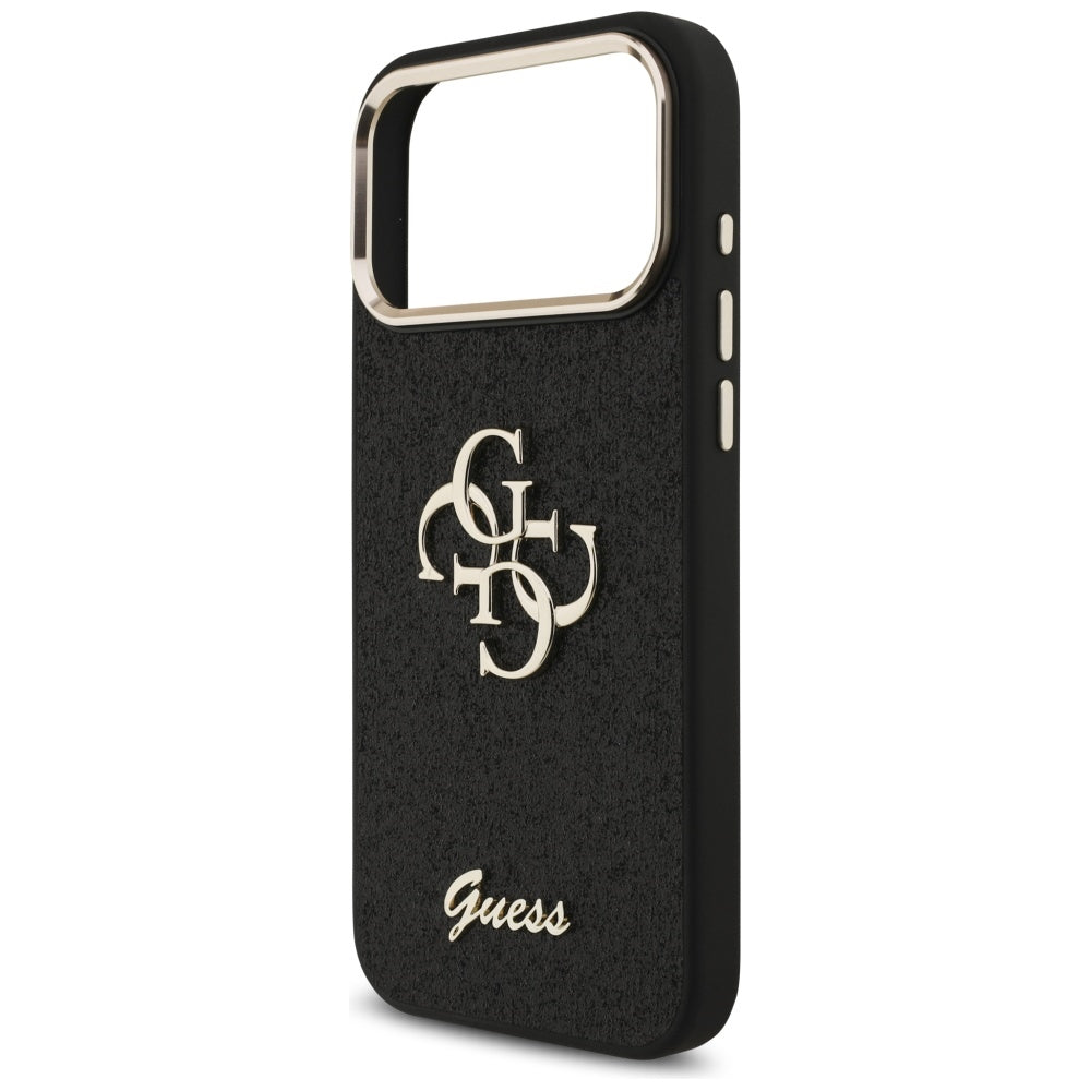 Ovitek za Apple iPhone 17 Pro Max, Guess, Fixed Glitter Big 4G Metal Frame, črn