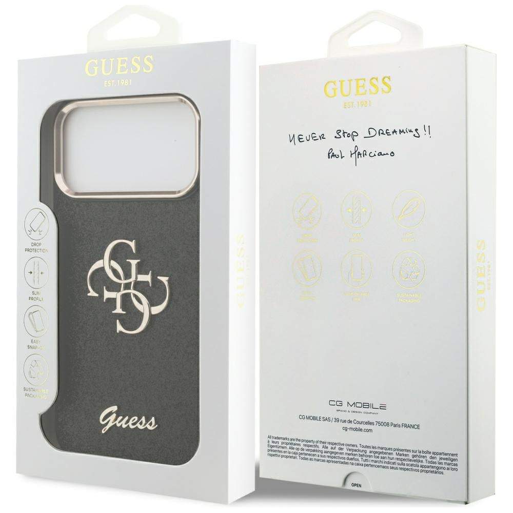 Ovitek za Apple iPhone 17 Pro Max, Guess, Fixed Glitter Big 4G Metal Frame, črn