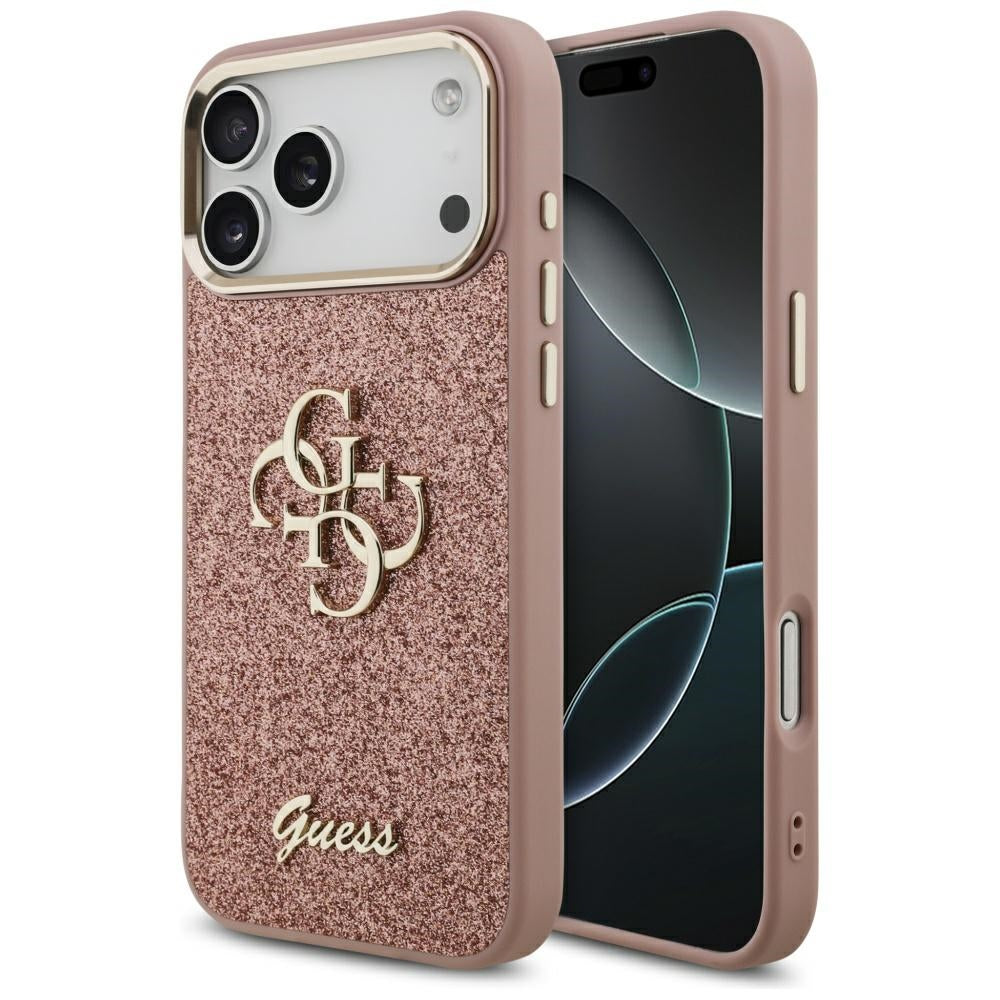 Ovitek za Apple iPhone 17 Pro Max, Guess, Fixed Glitter Big 4G Metal Frame, Roza