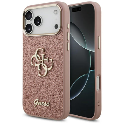 Ovitek za Apple iPhone 17 Pro Max, Guess, Fixed Glitter Big 4G Metal Frame, Roza