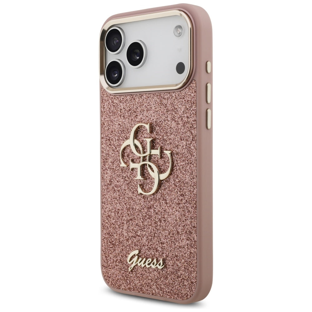 Ovitek za Apple iPhone 17 Pro Max, Guess, Fixed Glitter Big 4G Metal Frame, Roza
