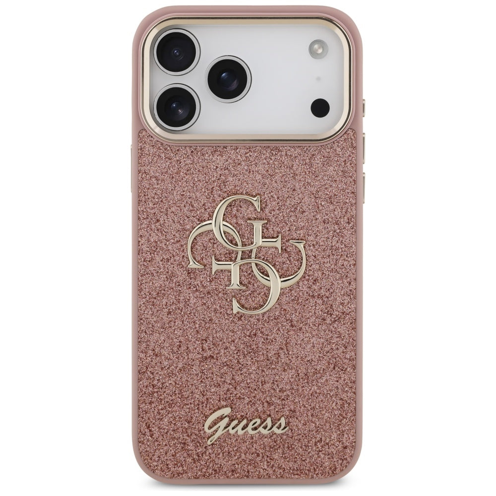 Ovitek za Apple iPhone 17 Pro Max, Guess, Fixed Glitter Big 4G Metal Frame, Roza