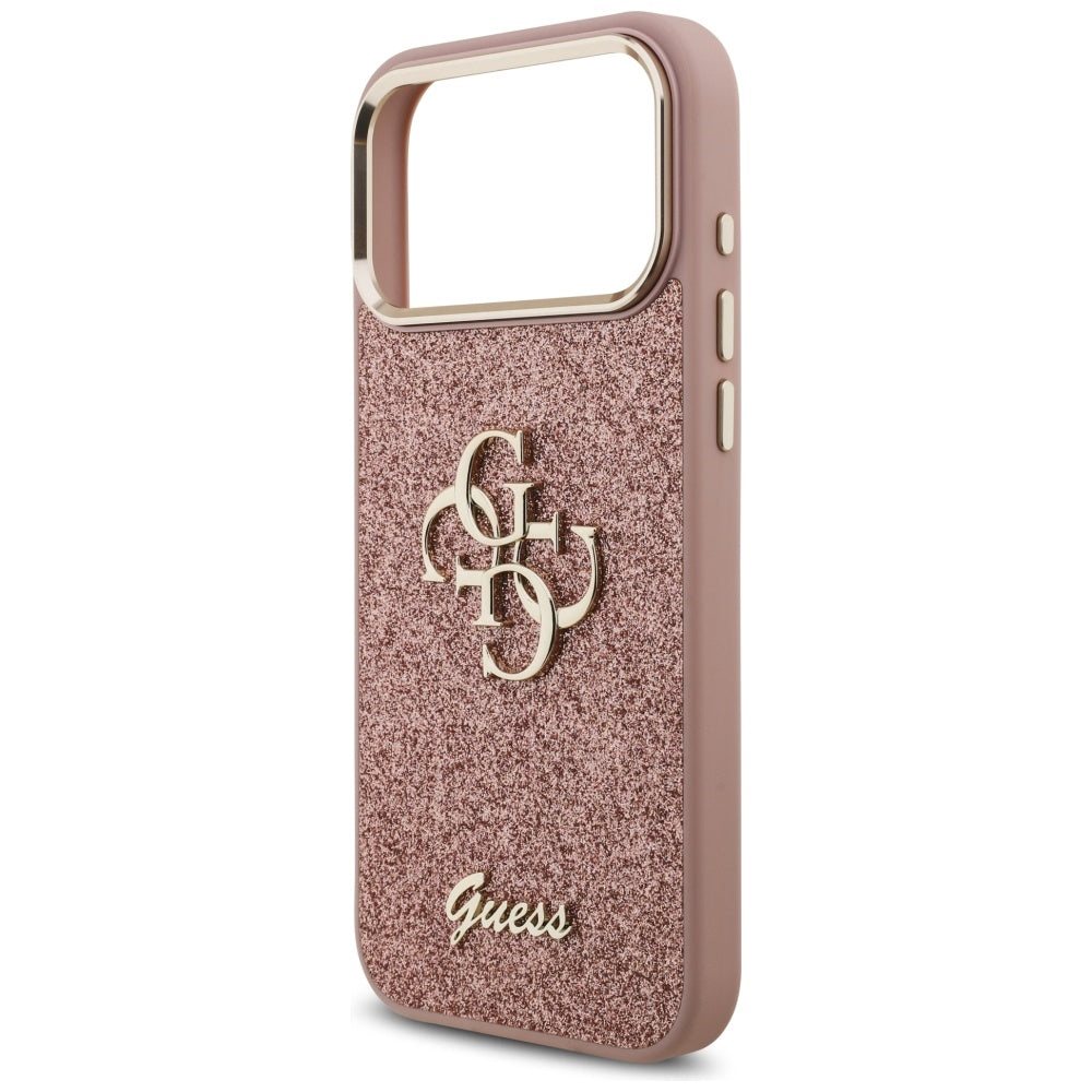 Ovitek za Apple iPhone 17 Pro Max, Guess, Fixed Glitter Big 4G Metal Frame, Roza