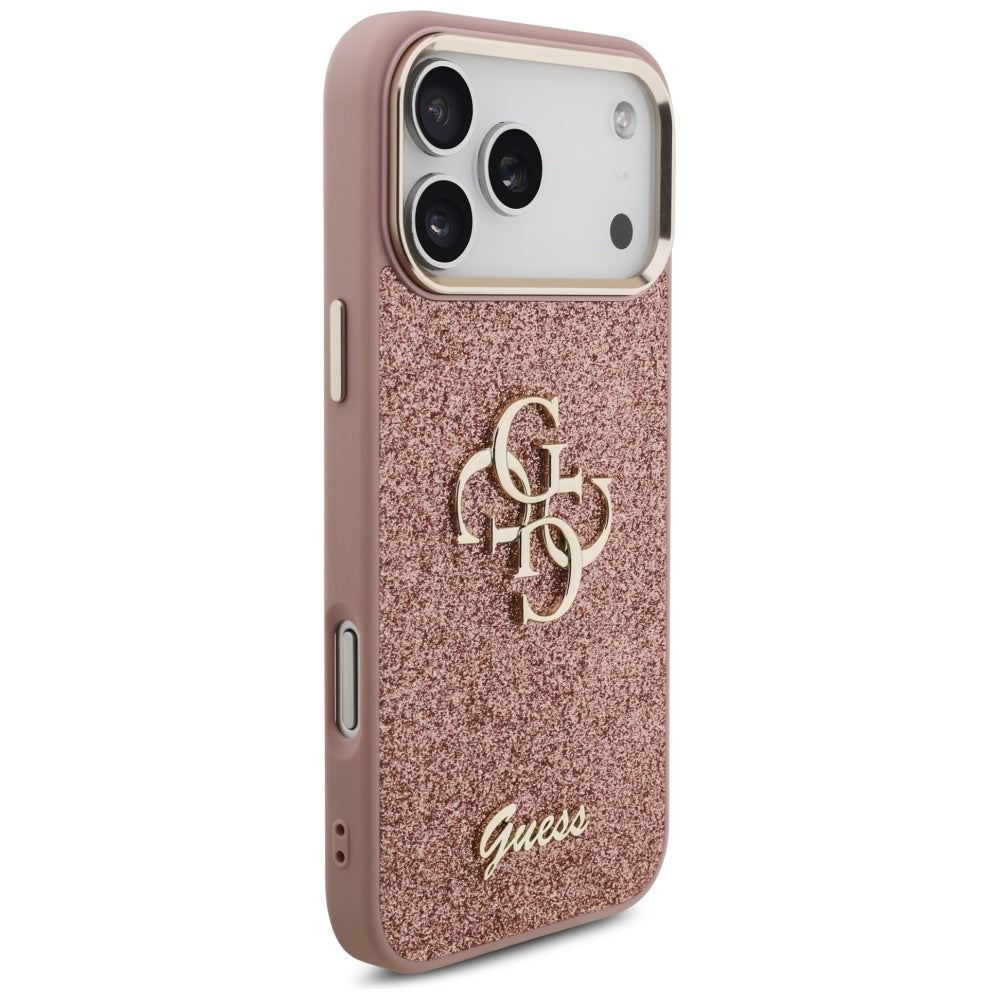 Ovitek za Apple iPhone 17 Pro Max, Guess, Fixed Glitter Big 4G Metal Frame, Roza