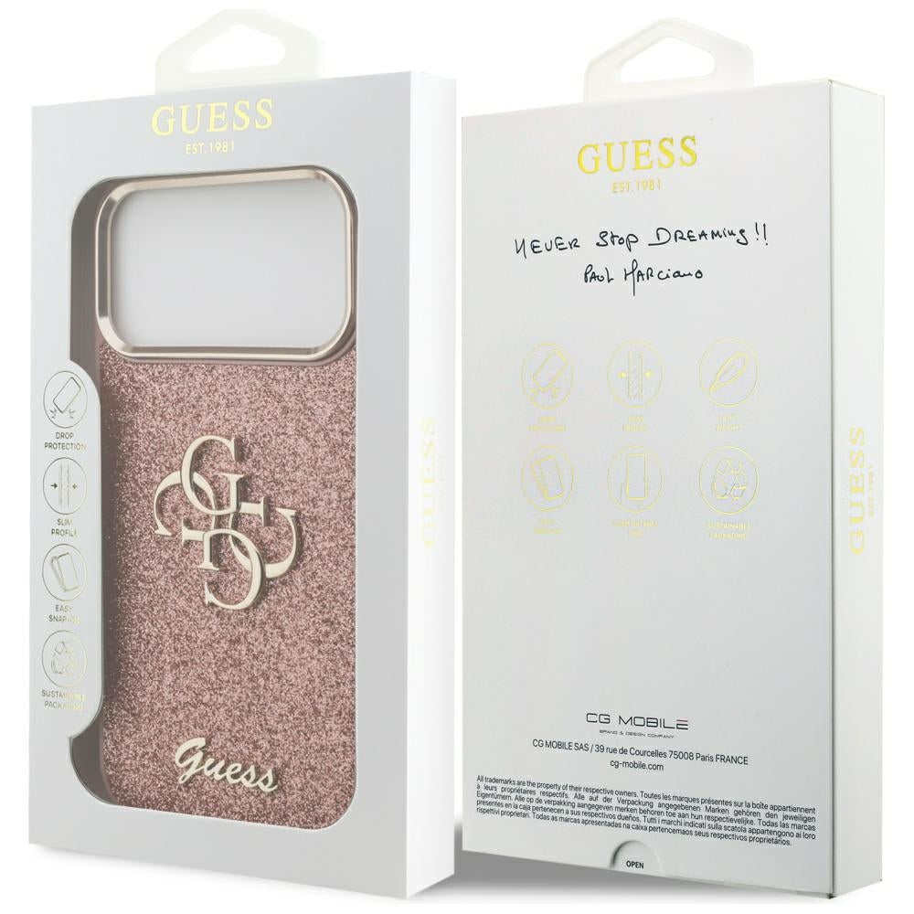 Ovitek za Apple iPhone 17 Pro Max, Guess, Fixed Glitter Big 4G Metal Frame, Roza
