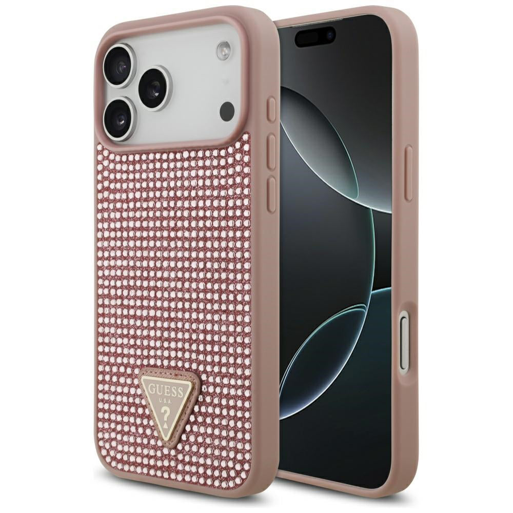 Ovitek za Apple iPhone 17 Pro Max, Guess, Rhinestone Triangle Logo, Roza