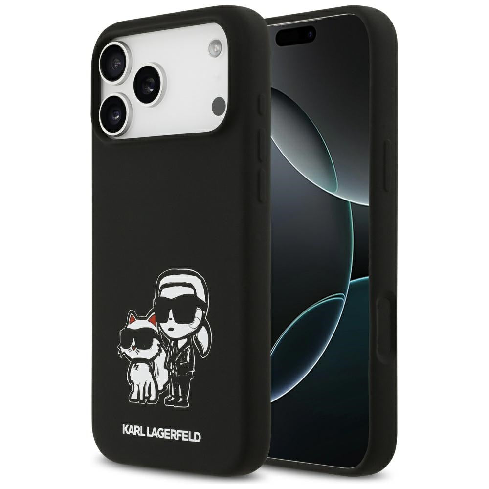 Ovitek za Apple iPhone 17 Pro Max, Karl Lagerfeld, Sketch and Logo Karl & Choupette, črn