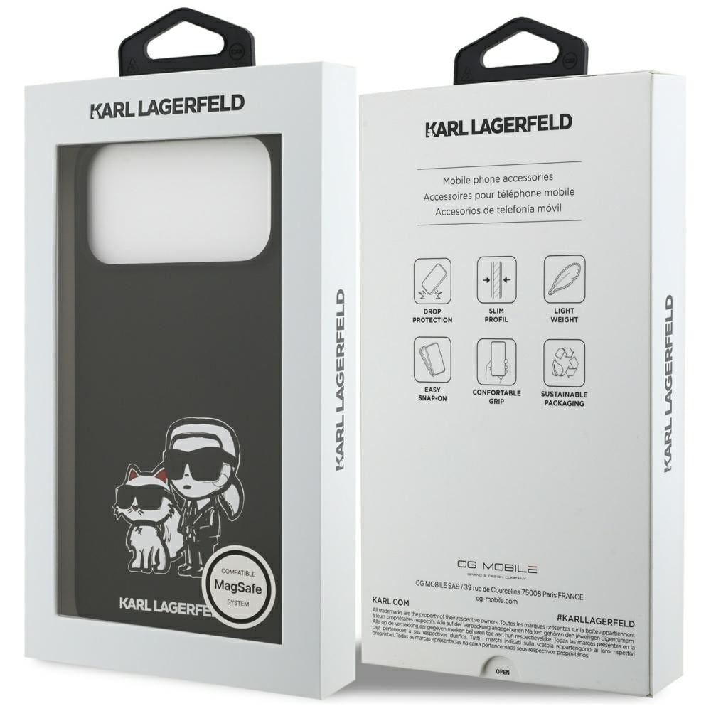 Ovitek za Apple iPhone 17 Pro Max, Karl Lagerfeld, Sketch and Logo Karl & Choupette, črn