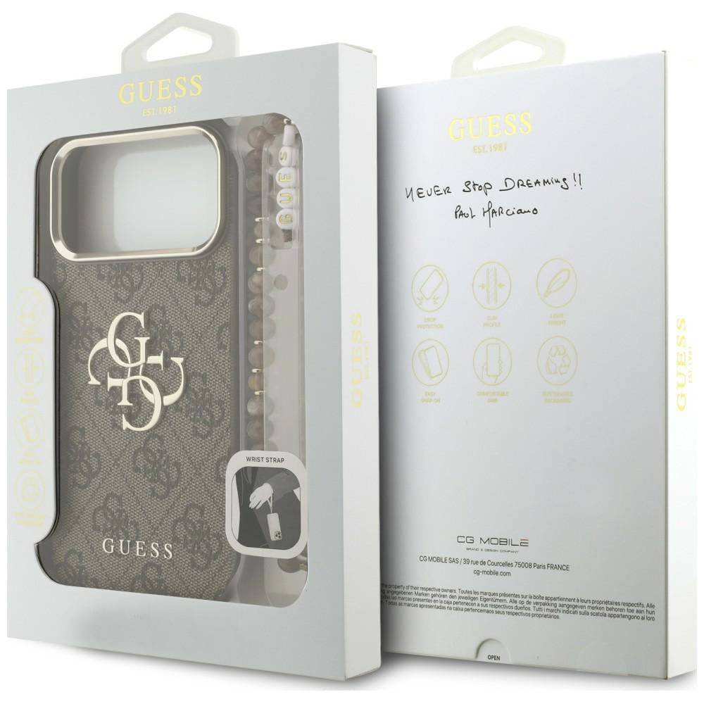 Case for Apple iPhone 18 Pro / 17 Pro, Guess, 4G Classic Logo with Strap, Golden Brown