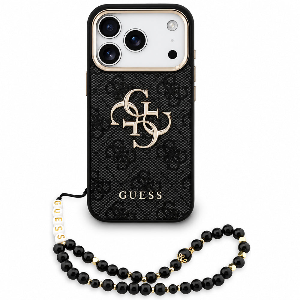 Ovitek za Apple iPhone 18 Pro / 17 Pro, Guess, 4G Classic Logo z naramničkom, Črno zlata