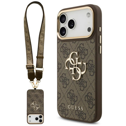 Ovitek za Apple iPhone 18 Pro / 17 Pro, Guess, Big 4G Classic Logo & Big Strap Metal Buttons, rjav