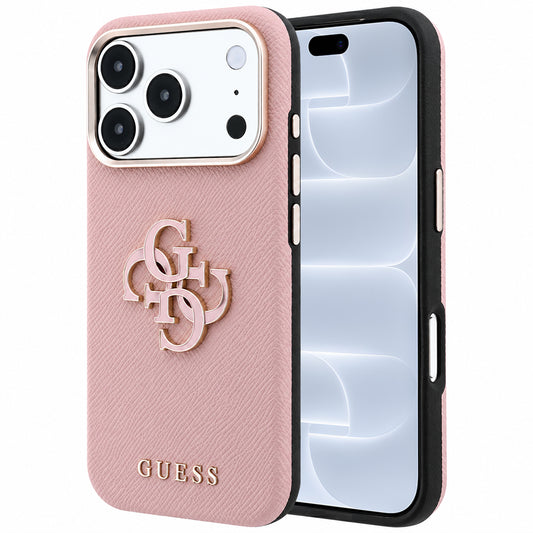 Ovitek za Apple iPhone 18 Pro / 17 Pro, Guess, z velikim granuliranim smolnim logotipom, roza