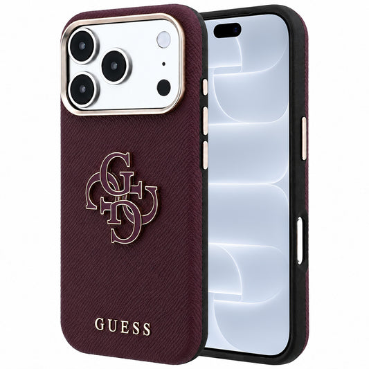 Ovitek za Apple iPhone 18 Pro / 17 Pro, Guess, zrnati veliki smolni logotip, bordo