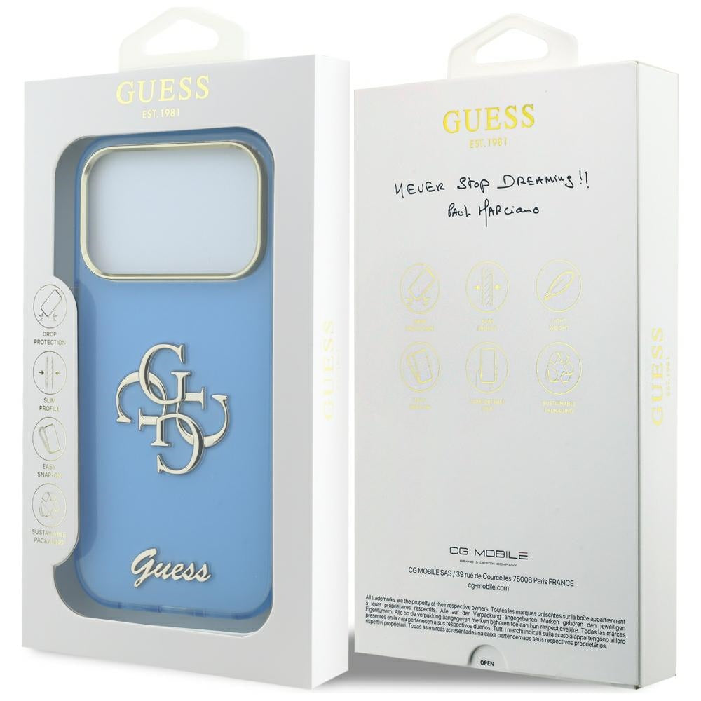 Ovitek za Apple iPhone 18 Pro / 17 Pro, Guess, IML 4G Metal Script, Bleu