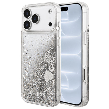 Ovitek za Apple iPhone 18 Pro / 17 Pro, Guess, Liquid Glitter Charms, srebrn