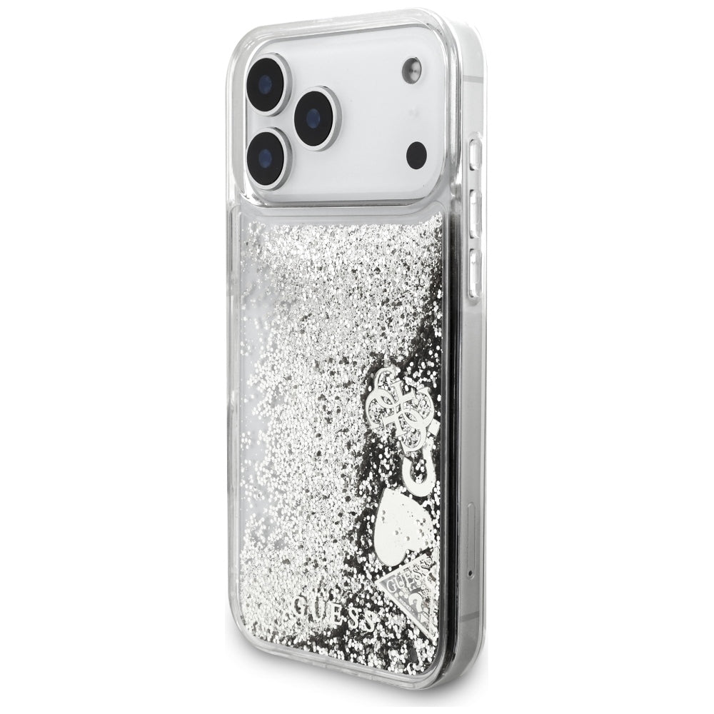 Ovitek za Apple iPhone 18 Pro / 17 Pro, Guess, Liquid Glitter Charms, srebrn