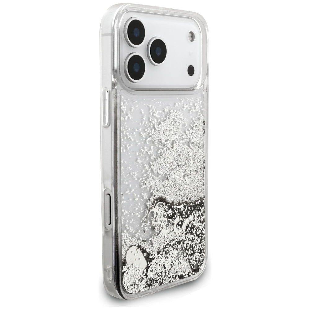 Ovitek za Apple iPhone 18 Pro / 17 Pro, Guess, Liquid Glitter Charms, srebrn