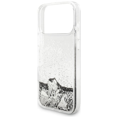 Ovitek za Apple iPhone 18 Pro / 17 Pro, Guess, Liquid Glitter Charms, srebrn