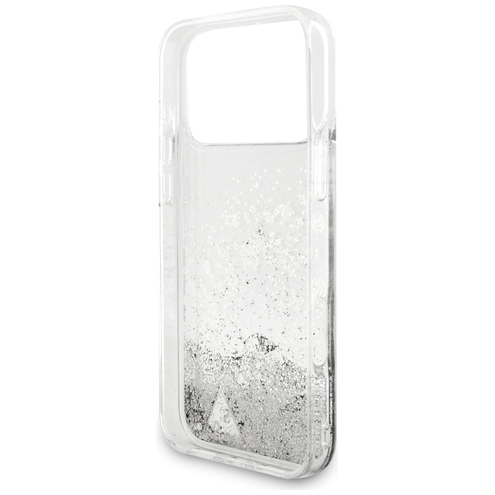 Ovitek za Apple iPhone 18 Pro / 17 Pro, Guess, Liquid Glitter Charms, srebrn