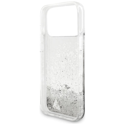 Ovitek za Apple iPhone 18 Pro / 17 Pro, Guess, Liquid Glitter Charms, srebrn