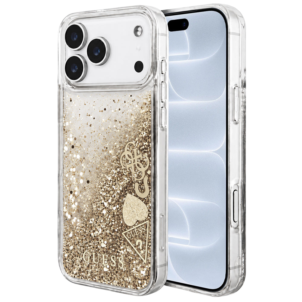 Ovitek za Apple iPhone 18 Pro / 17 Pro, Guess, Liquid Glitter Charms, zlate barve