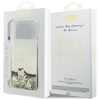 Ovitek za Apple iPhone 18 Pro / 17 Pro, Guess, Liquid Glitter Charms, zlate barve