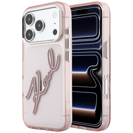 Ovitek za Apple iPhone 18 Pro / 17 Pro, Karl Lagerfeld, IML velik podpis, smolni logotip in kovinski okvir, roza
