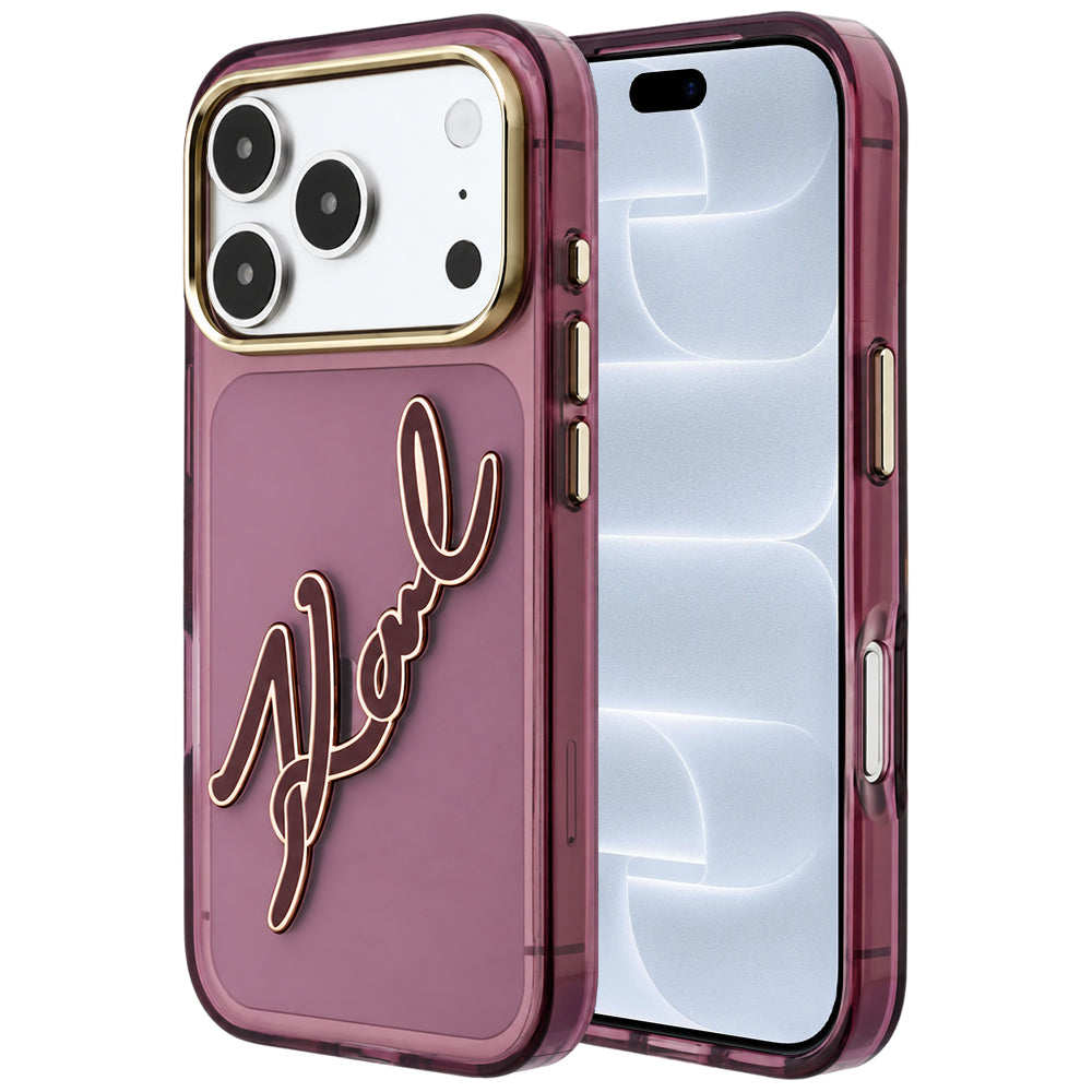 Ovitek za Apple iPhone 18 Pro / 17 Pro, Karl Lagerfeld, IML velik podpis, smolni logotip in kovinski okvir, bordo