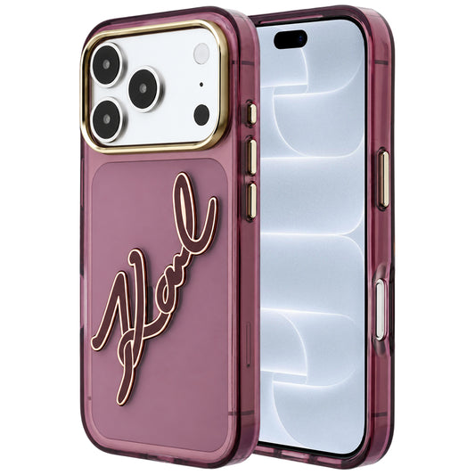Ovitek za Apple iPhone 18 Pro / 17 Pro, Karl Lagerfeld, IML velik podpis, smolni logotip in kovinski okvir, bordo