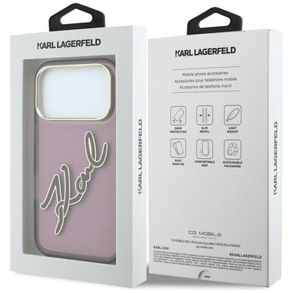 Ovitek za Apple iPhone 18 Pro / 17 Pro, Karl Lagerfeld, IML velik podpis, smolni logotip in kovinski okvir, bordo