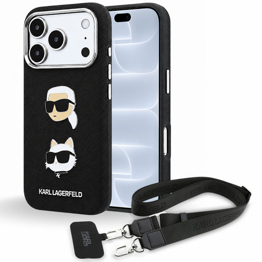 Ovitek za Apple iPhone 18 Pro / 17 Pro, Karl Lagerfeld, Saffiano Crossbody Karl & Choupette Head's Pins Logo, črnega