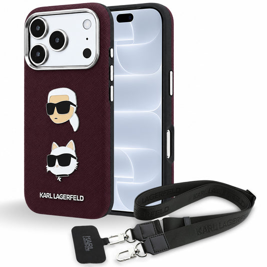 Etui za Apple iPhone 18 Pro / 17 Pro, Karl Lagerfeld, Saffiano Crossbody Karl & Choupette Head's Pins Logo, bordo