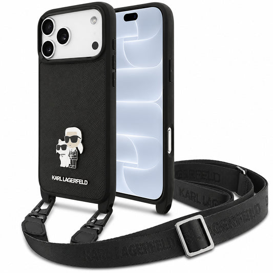 Ovitek za Apple iPhone 18 Pro / 17 Pro, Karl Lagerfeld, Saffiano Crossbody Metal Pin Karl & Choupette, črn