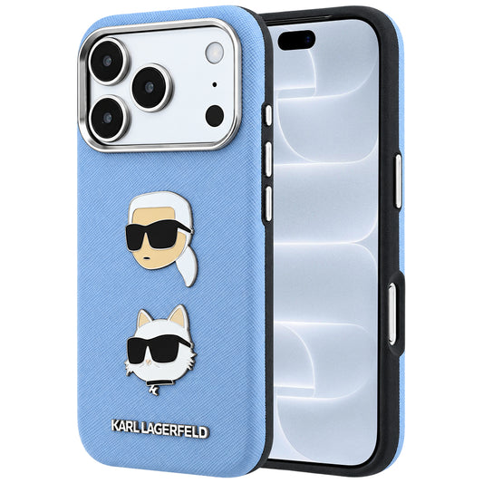 Ovitek za Apple iPhone 18 Pro / 17 Pro, Karl Lagerfeld, Saffiano z značko z glavama Karla in Choupette ter logotipom, moder