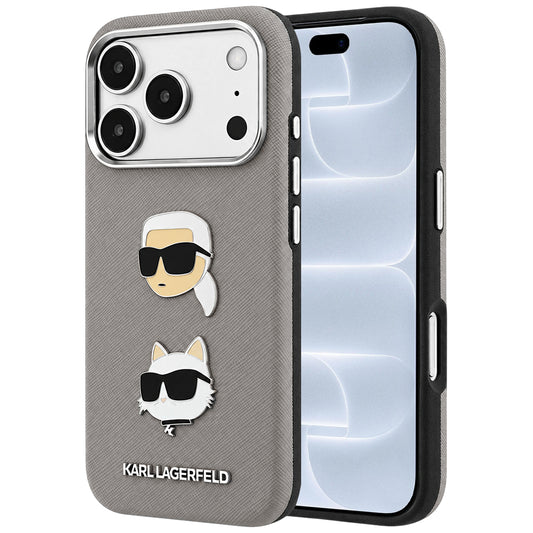 Ovitek za Apple iPhone 18 Pro / 17 Pro, Karl Lagerfeld, Saffiano z značko z glavama Karla in Choupette ter logotipom, siv