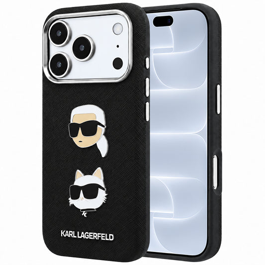 Ovitek za Apple iPhone 18 Pro / 17 Pro, Karl Lagerfeld, Saffiano z značko z glavama Karla in Choupette ter logotipom, črn
