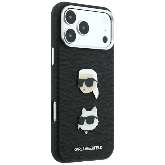 Ovitek za Apple iPhone 18 Pro / 17 Pro, Karl Lagerfeld, Saffiano z značko z glavama Karla in Choupette ter logotipom, črn