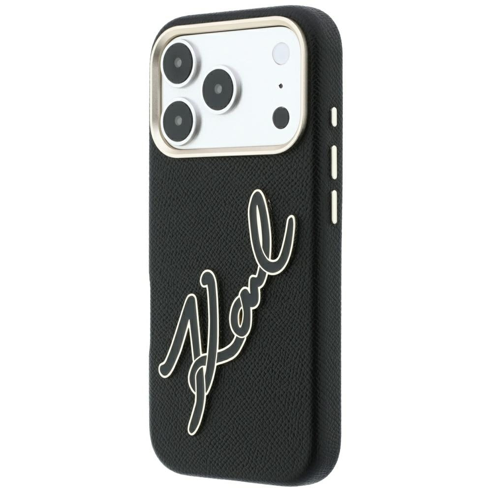 Ovitek za Apple iPhone 18 Pro / 17 Pro, Karl Lagerfeld, Gladek velik smolnati podpisni logotip, Črn