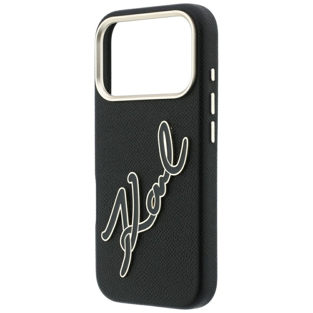Ovitek za Apple iPhone 18 Pro / 17 Pro, Karl Lagerfeld, Gladek velik smolnati podpisni logotip, Črn