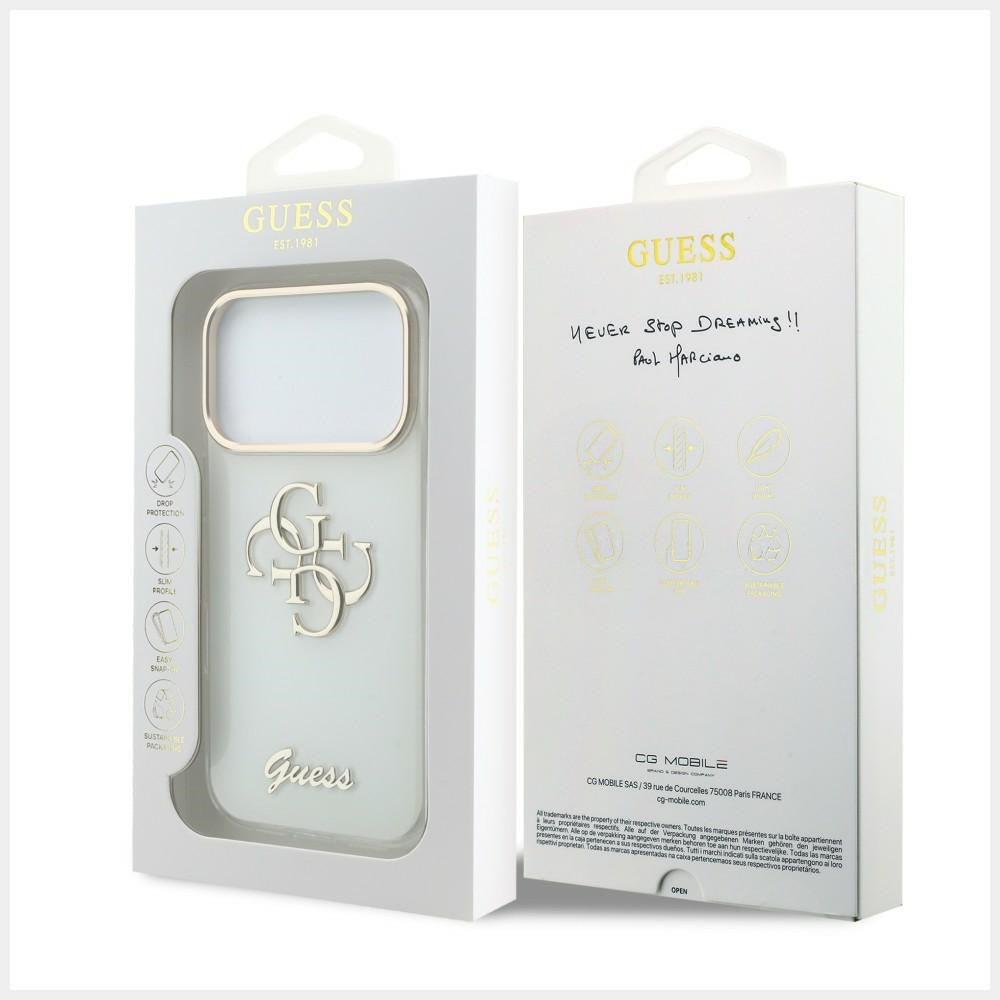 Ovitek za Apple iPhone 18 Pro Max / 17 Pro Max, Guess, IML 4G Metal Script, Bela