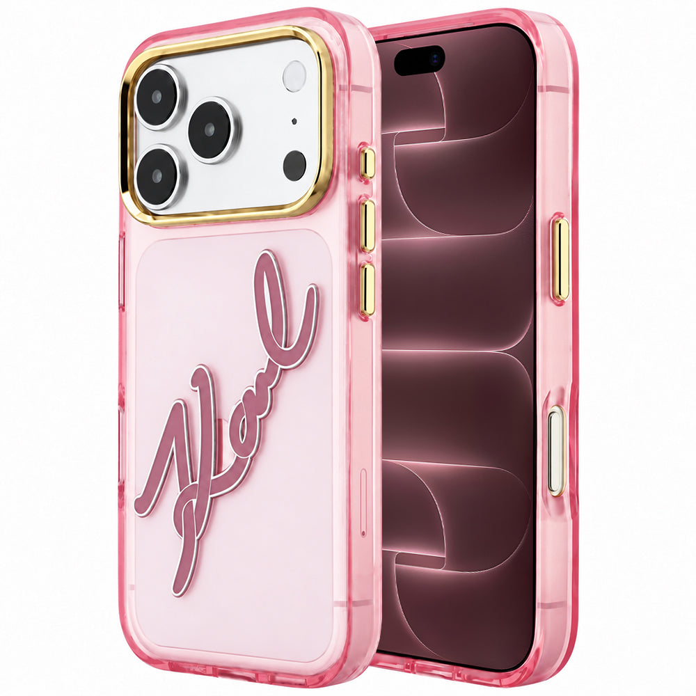 Ovitek za Apple iPhone 18 Pro Max / 17 Pro Max, Karl Lagerfeld, IML Big Signature Resin Logo Metal Frame, Roza