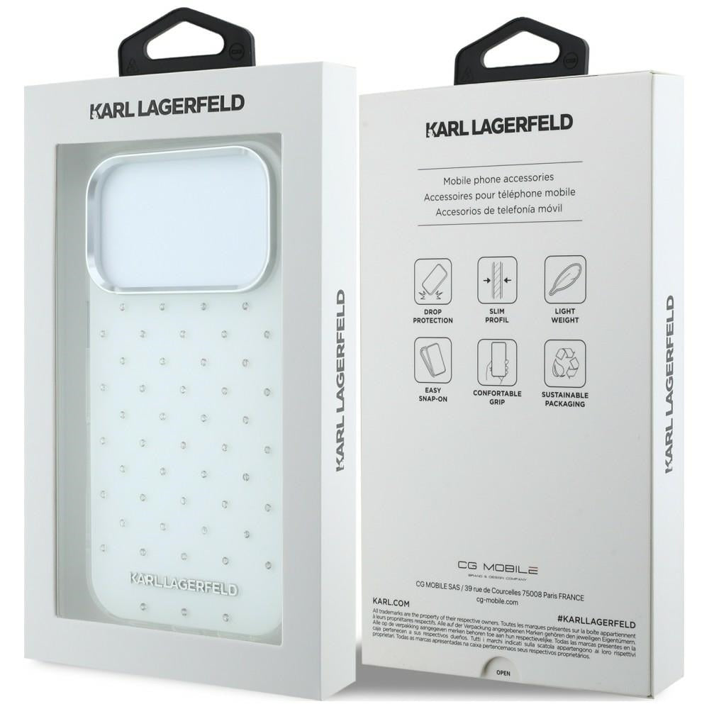 Ovitek za Apple iPhone 18 Pro Max / 17 Pro Max, Karl Lagerfeld, IML kristali in elektroplatiniran logotip, bel